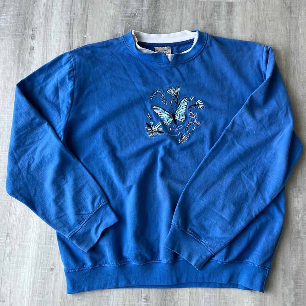 GOLD COAST Blue Butterfly Embroidered Long Sleeve Crew Neck Sweatshirt Size XL